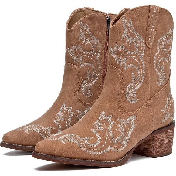 ⚡Women's Brown Embroidered Square Toe Western Cowgirl Boots Chunky Heel Pull On - Picture 7 of 7